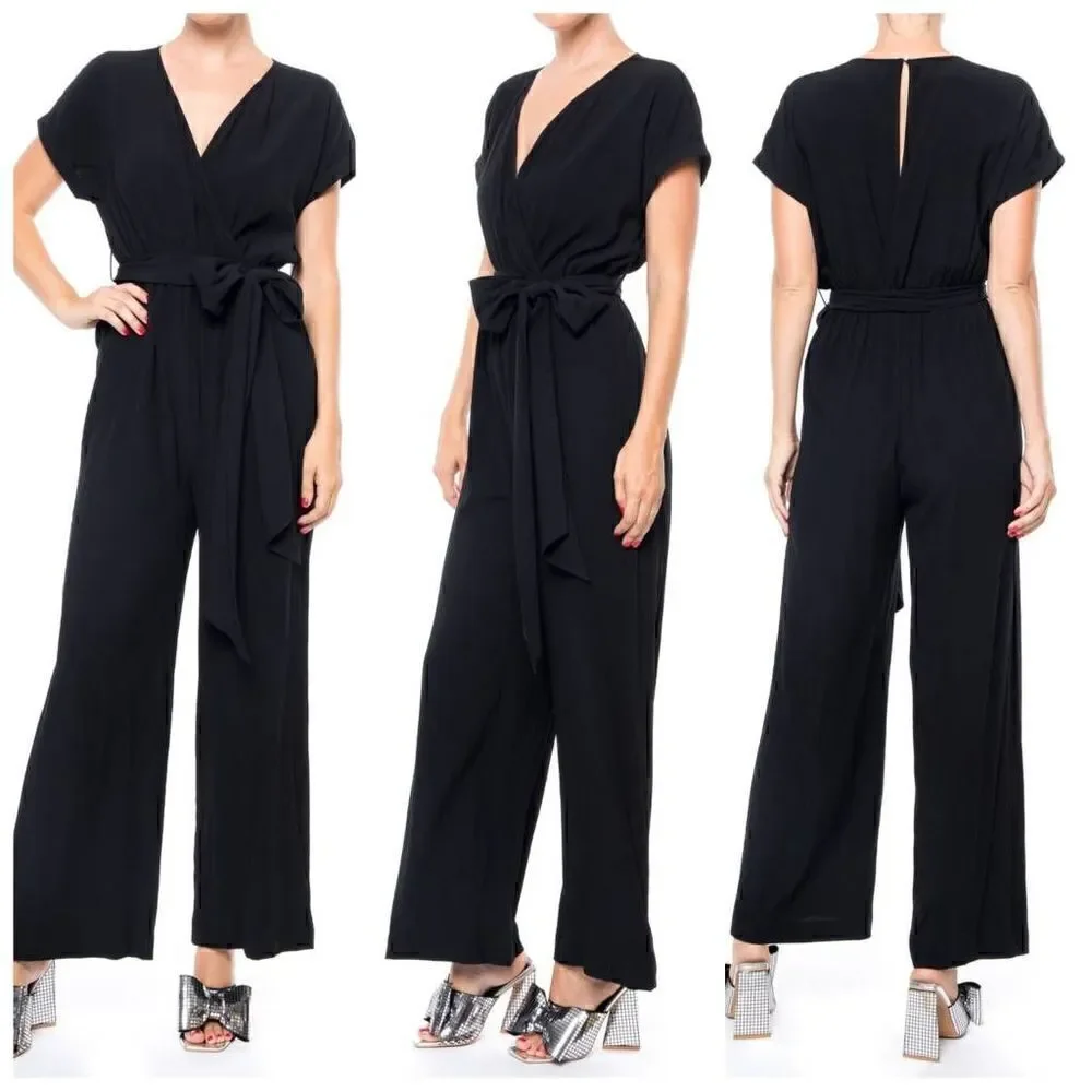 Meghan LA Wonderland Jumpsuit Wide Leg Surplice V-Neck in Black Size XXXL